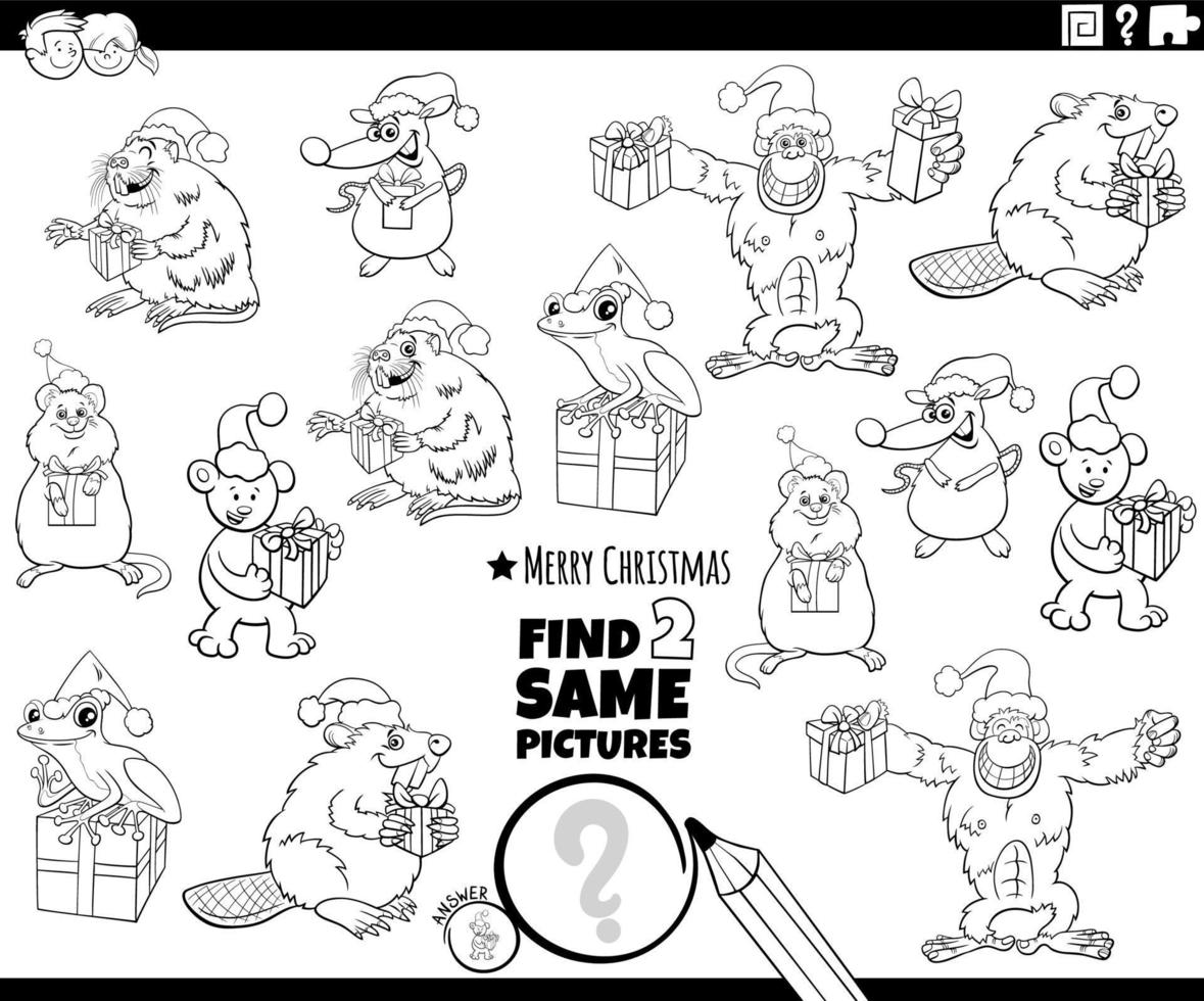 find two same cartoon animals with Christmas gifts coloring page vector