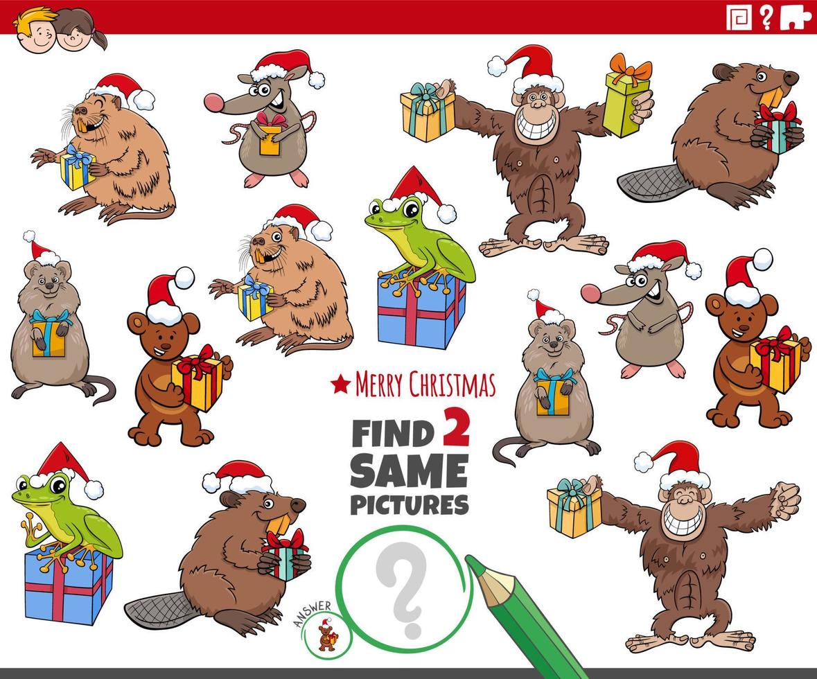 find two same cartoon animal characters with Christmas gifts vector