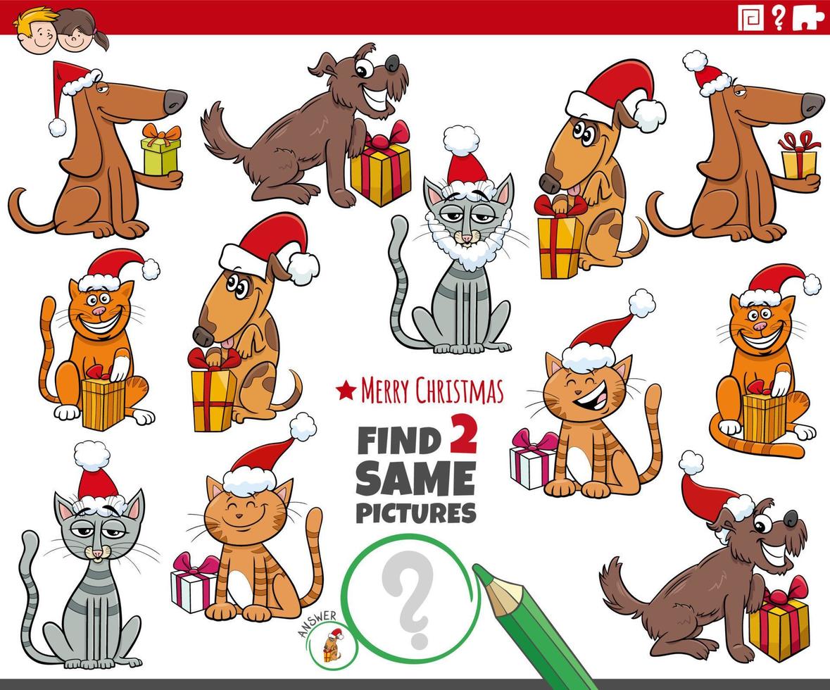 find two same cartoon pets characters with Christmas gifts vector