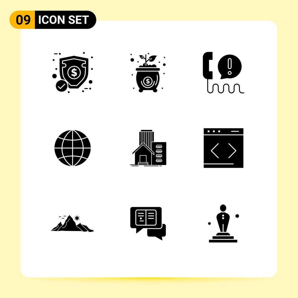Pack of 9 creative Solid Glyphs of estate world call globe help Editable Vector Design Elements