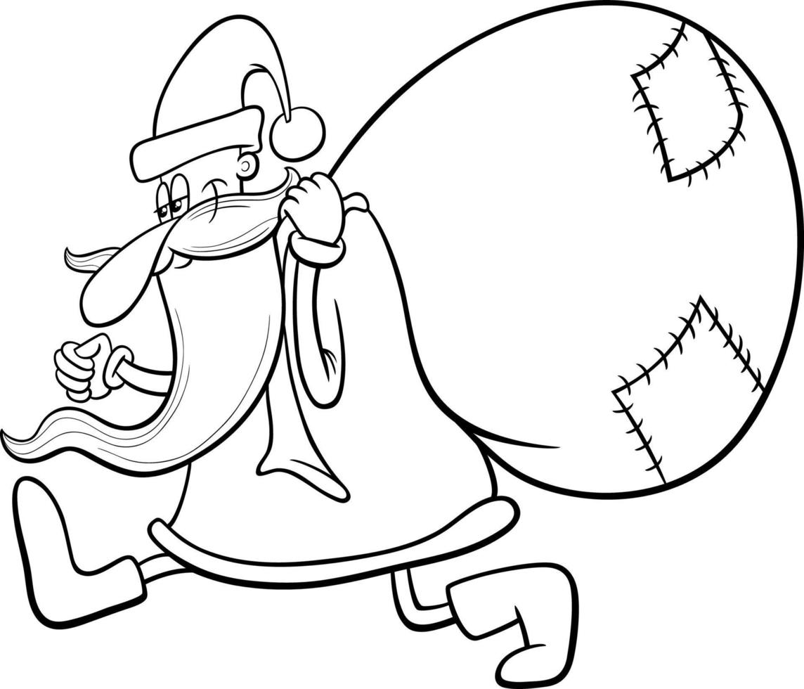 cartoon Santa Claus with sack of Christmas presents coloring page vector