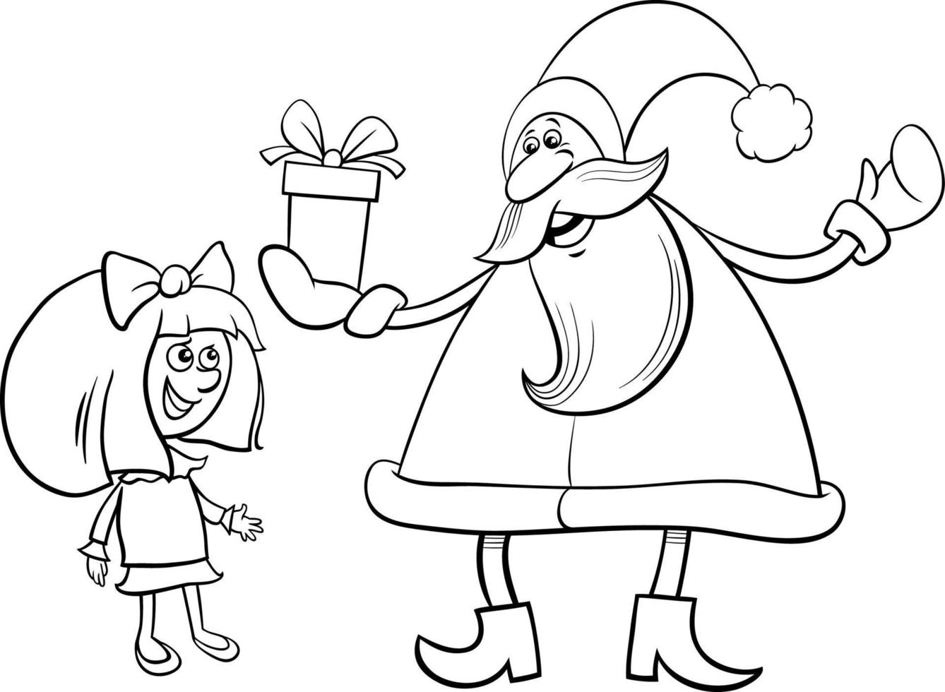 cartoon Santa Claus giving presents to a girl coloring page vector