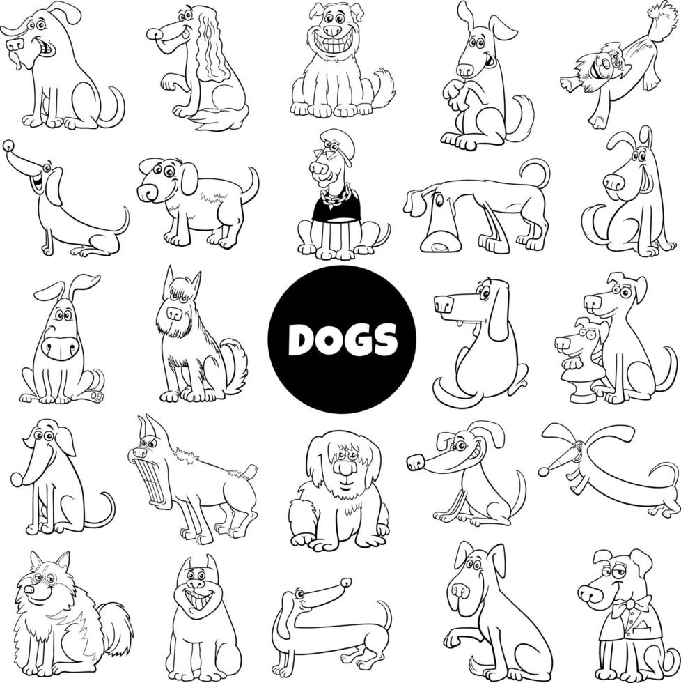 Black and white cartoon dogs comic characters big set vector