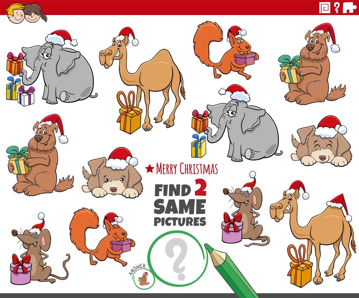 find two same cartoon animal characters on Christmas time vector