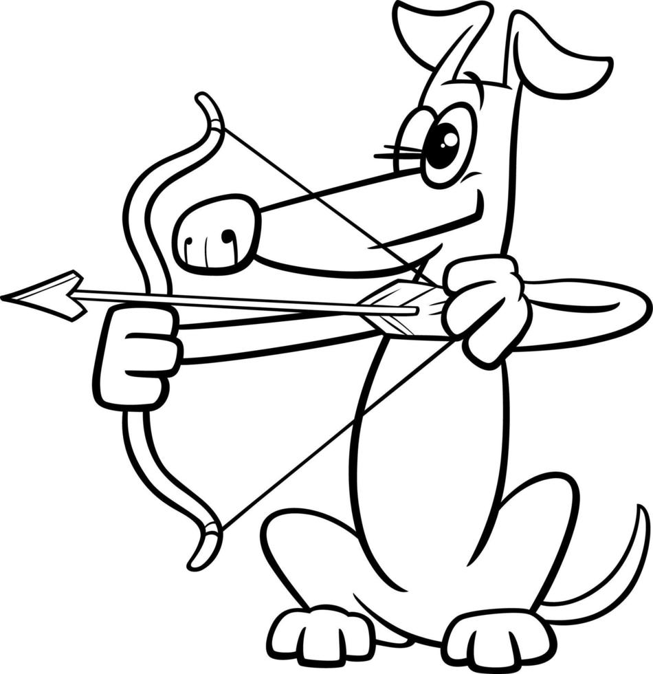 perro de dibujos animados personaje cómico disparando el arco página para colorear vector