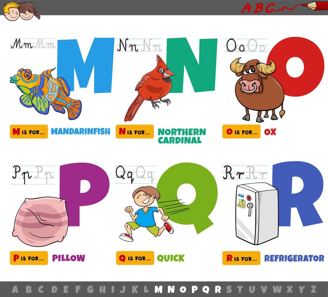 educational cartoon alphabet letters for children from M to R vector