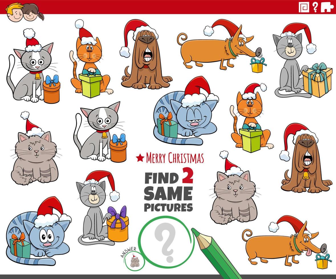 find two same cartoon dogs and cats characters on Christmas time vector