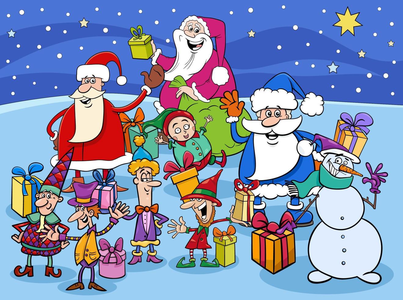 cartoon Santa Clauses and elves characters on Christmas time vector