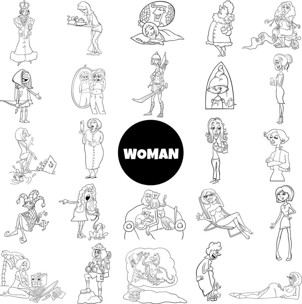 black and white cartoon women and girls characters big set vector