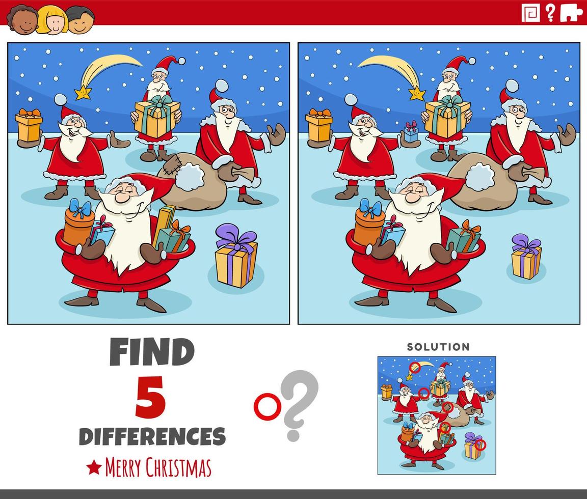 actividad de diferencias para niños con personajes de santa claus vector