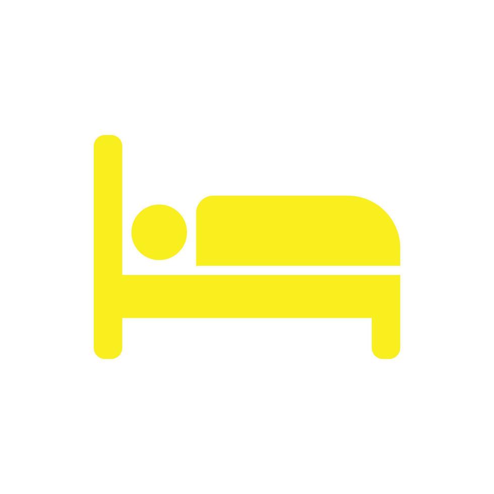 eps10 vector amarillo hombre dormido en la cama icono de arte sólido aislado sobre fondo blanco. símbolo lleno de hotel y motel en un estilo moderno y plano simple para el diseño de su sitio web, logotipo y aplicación móvil