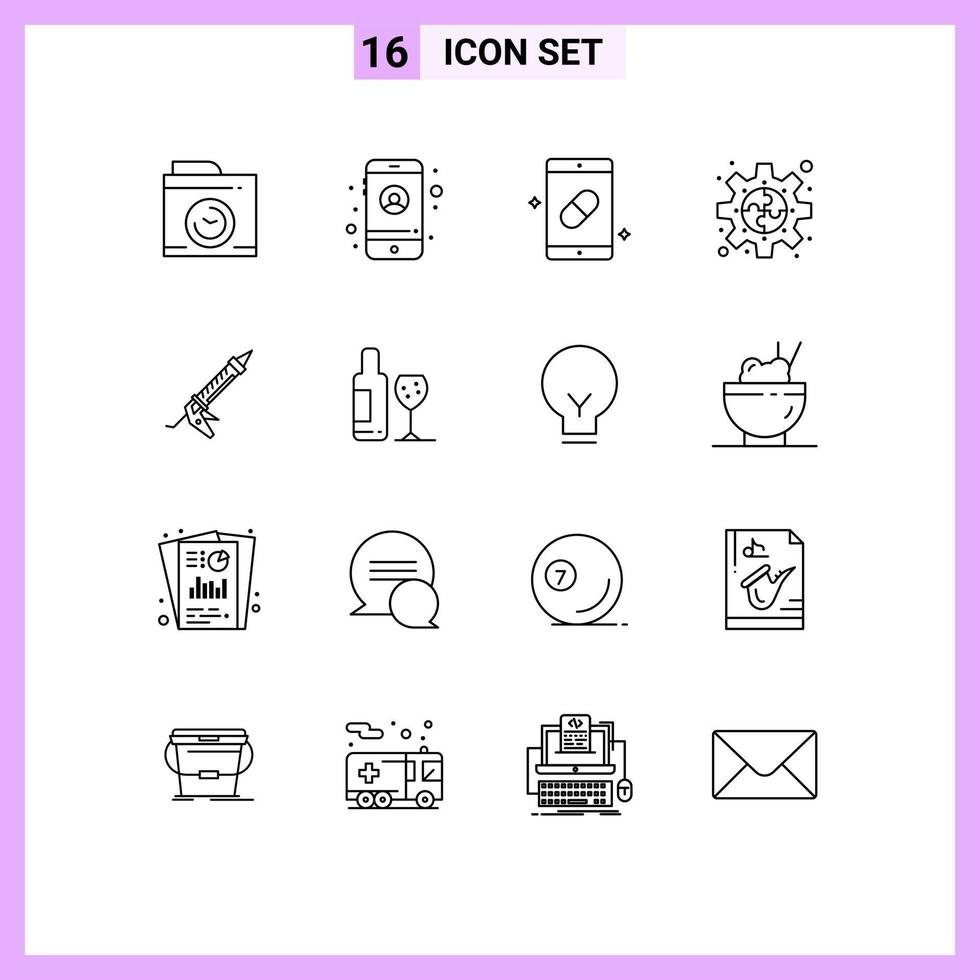 Stock Vector Icon Pack of 16 Line Signs and Symbols for gun puzzle medical plugin gear Editable Vector Design Elements
