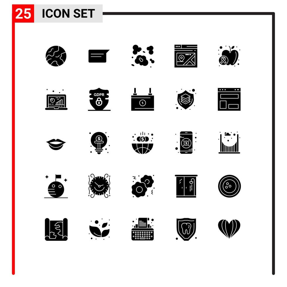 User Interface Pack of 25 Basic Solid Glyphs of wellness apple dust map page Editable Vector Design Elements