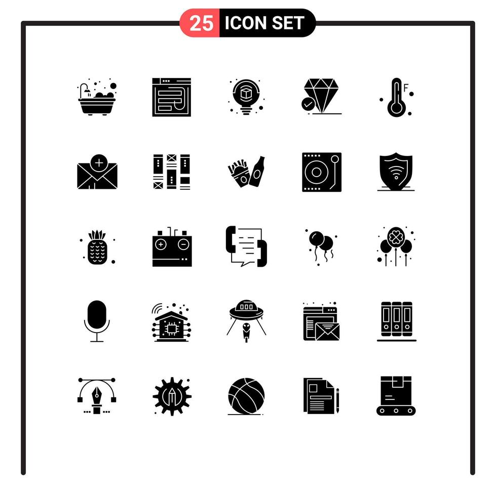 User Interface Pack of 25 Basic Solid Glyphs of cold big think web jewel idea Editable Vector Design Elements