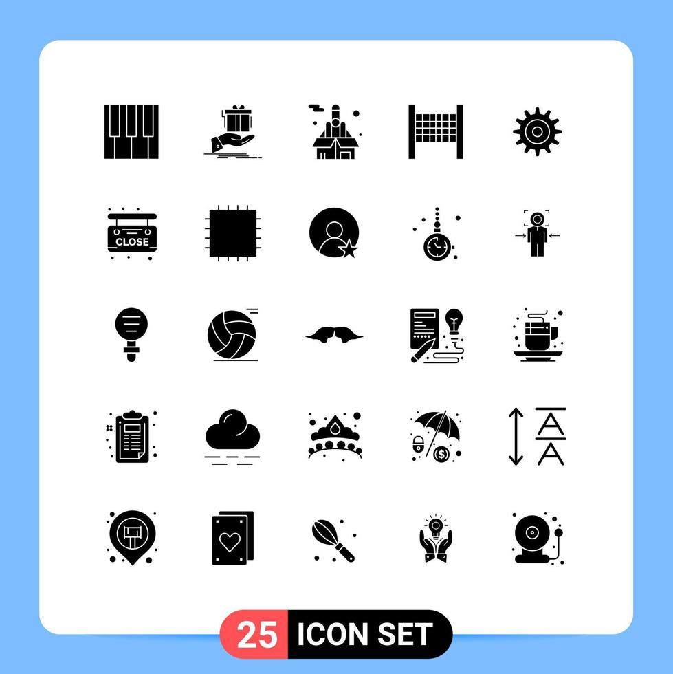 Mobile Interface Solid Glyph Set of 25 Pictograms of market setting business gear net Editable Vector Design Elements
