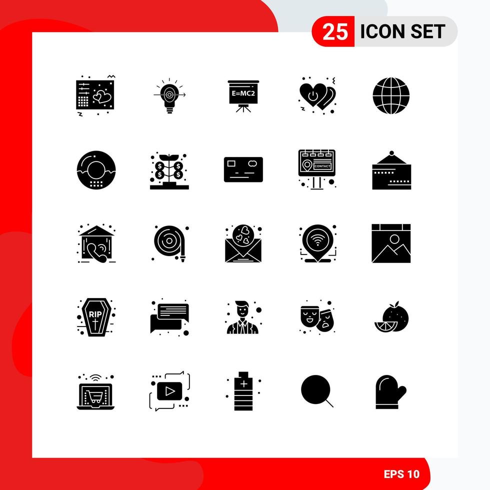 Set of 25 Commercial Solid Glyphs pack for switch off business love education Editable Vector Design Elements