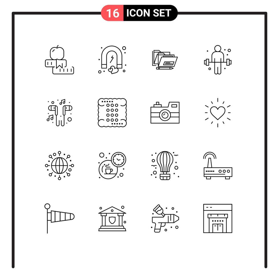 16 User Interface Outline Pack of modern Signs and Symbols of weightlifting exercise magnet dumbbell date Editable Vector Design Elements