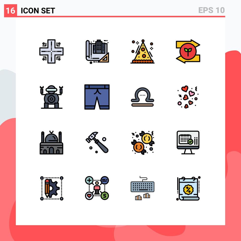 Editable Vector Line Pack of 16 Simple Flat Color Filled Lines of technology green eco cone right arrow Editable Creative Vector Design Elements