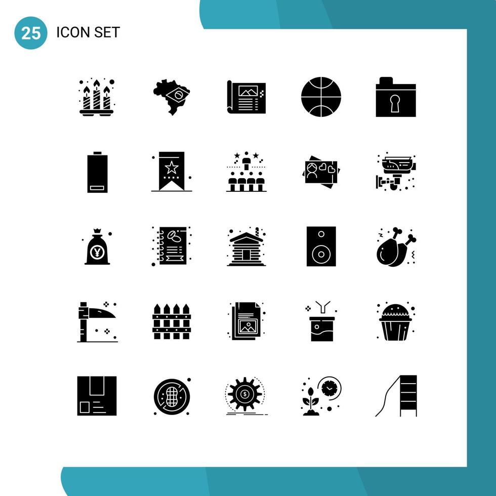 Set of 25 Vector Solid Glyphs on Grid for battery keyhole paper folder basketball Editable Vector Design Elements