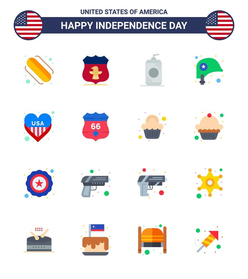 Group of 16 Flats Set for Independence day of United States of America such as love american cola star helmet Editable USA Day Vector Design Elements