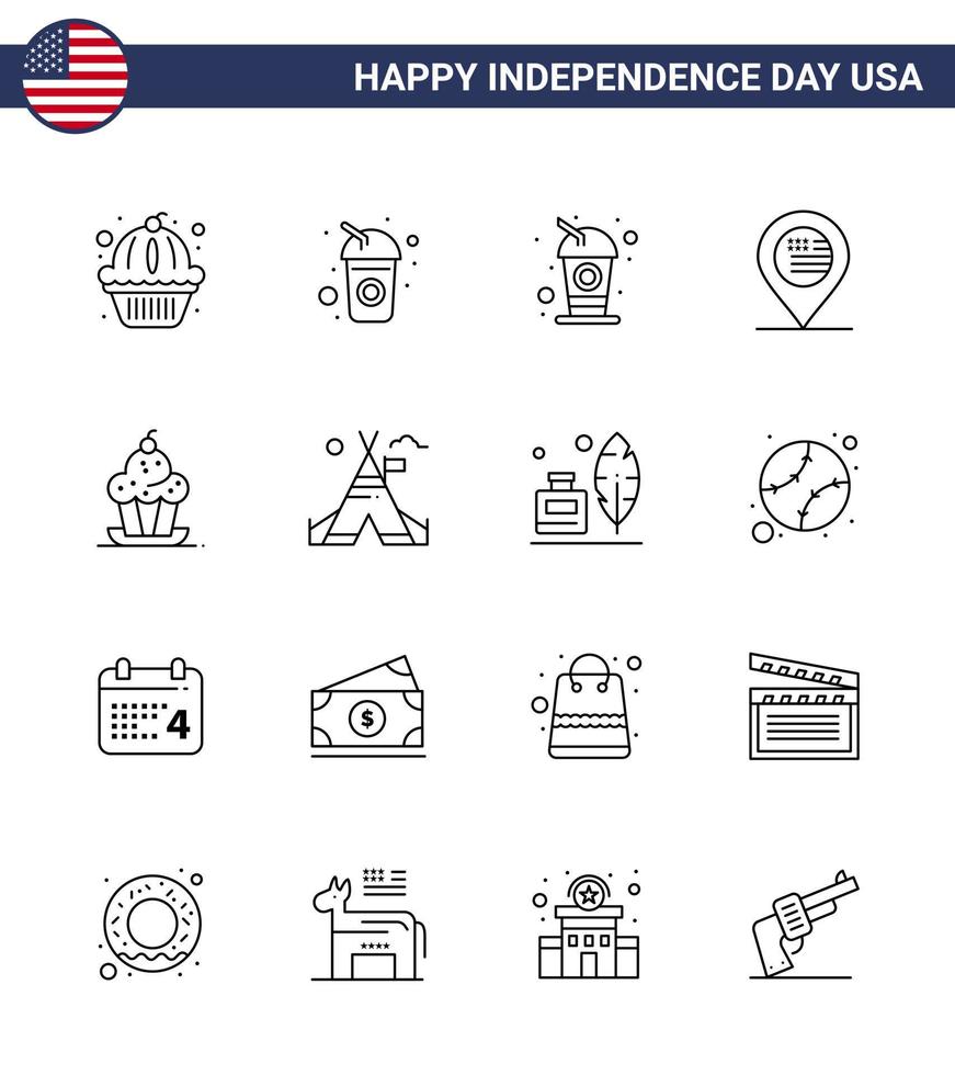 16 USA Line Pack of Independence Day Signs and Symbols of tent free sweet american muffin cake Editable USA Day Vector Design Elements