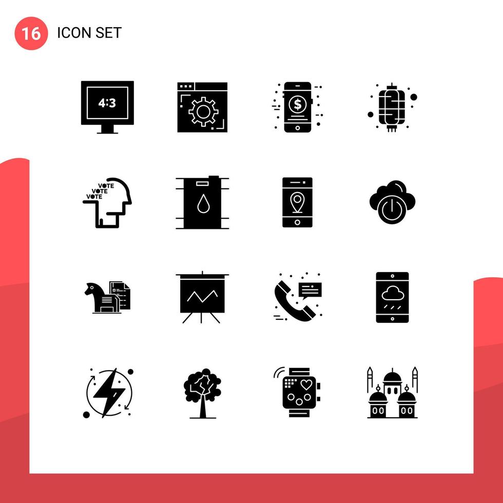 16 User Interface Solid Glyph Pack of modern Signs and Symbols of poll ballot money year lantern Editable Vector Design Elements