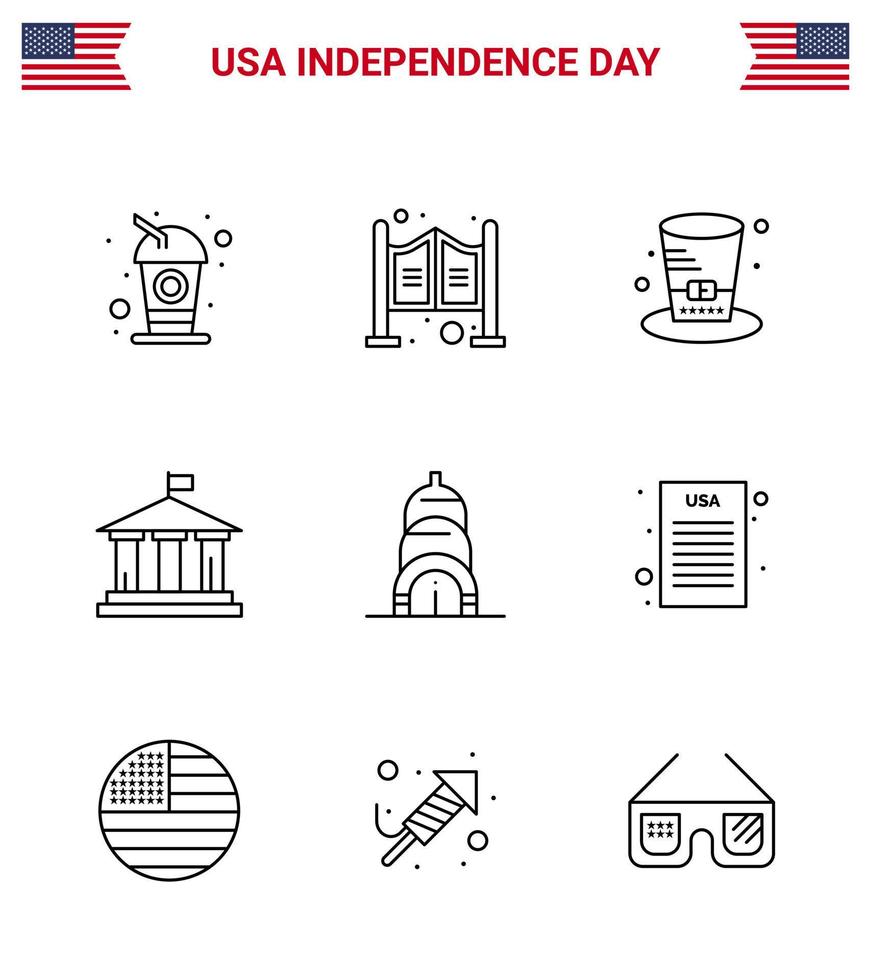 Pack of 9 USA Independence Day Celebration Lines Signs and 4th July Symbols such as building usa day american bank Editable USA Day Vector Design Elements