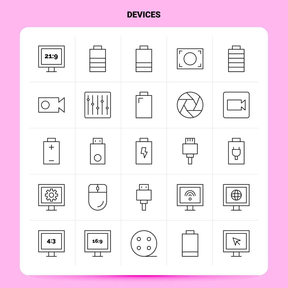 OutLine 25 Devices Icon set Vector Line Style Design Black Icons Set Linear pictogram pack Web and Mobile Business ideas design Vector Illustration