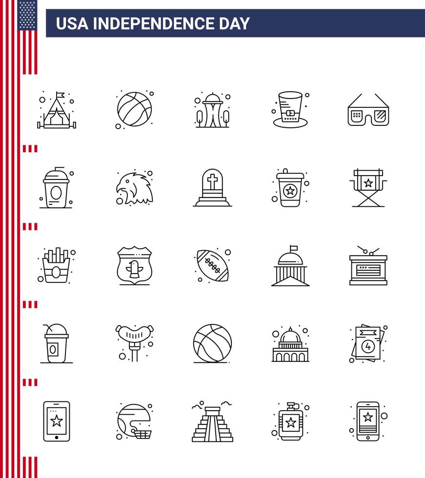 Set of 25 Vector Lines on 4th July USA Independence Day such as imerican sunglasses landmark usa hat Editable USA Day Vector Design Elements