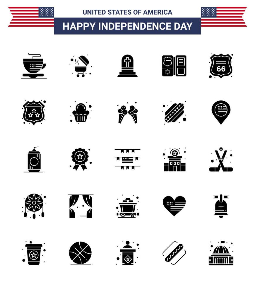 Solid Glyph Pack of 25 USA Independence Day Symbols of american shield gravestone security american Editable USA Day Vector Design Elements
