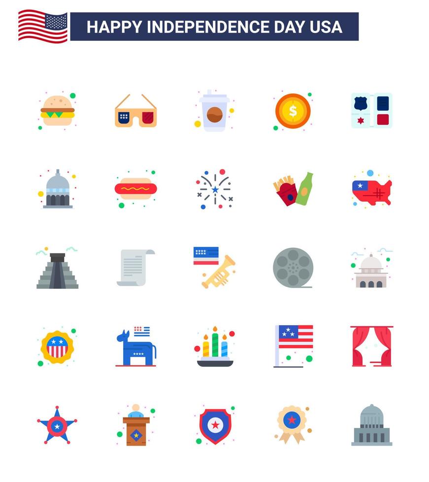 Happy Independence Day 4th July Set of 25 Flats American Pictograph of american book cola sign money Editable USA Day Vector Design Elements