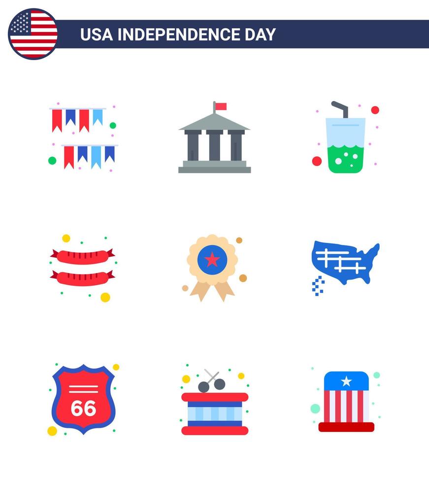 Big Pack of 9 USA Happy Independence Day USA Vector Flats and Editable Symbols of independece sausage usa frankfurter cola Editable USA Day Vector Design Elements