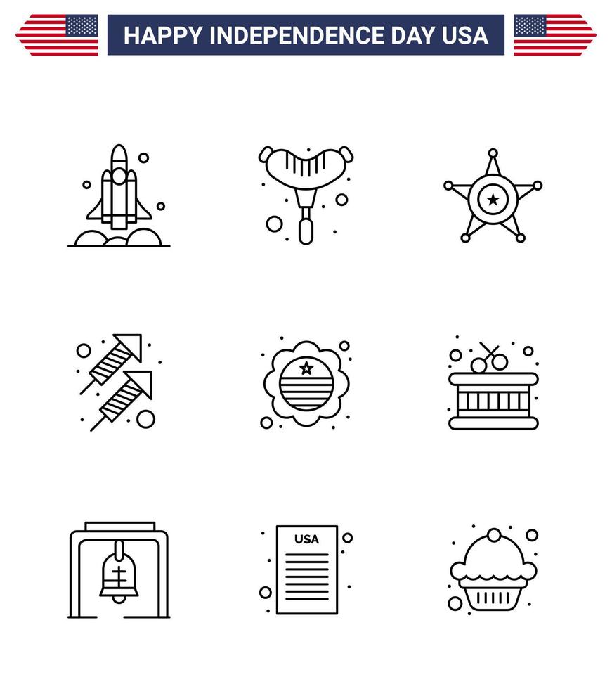 Modern Set of 9 Lines and symbols on USA Independence Day such as flag shoot men firework celebration Editable USA Day Vector Design Elements