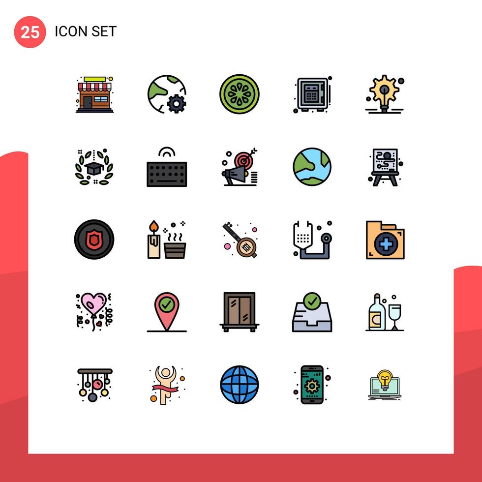 Mobile Interface Filled line Flat Color Set of 25 Pictograms of gear money cucumber safe deposit Editable Vector Design Elements