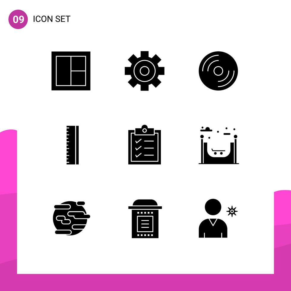 Set of 9 Commercial Solid Glyphs pack for clipboard ruler multimedia education laptop Editable Vector Design Elements