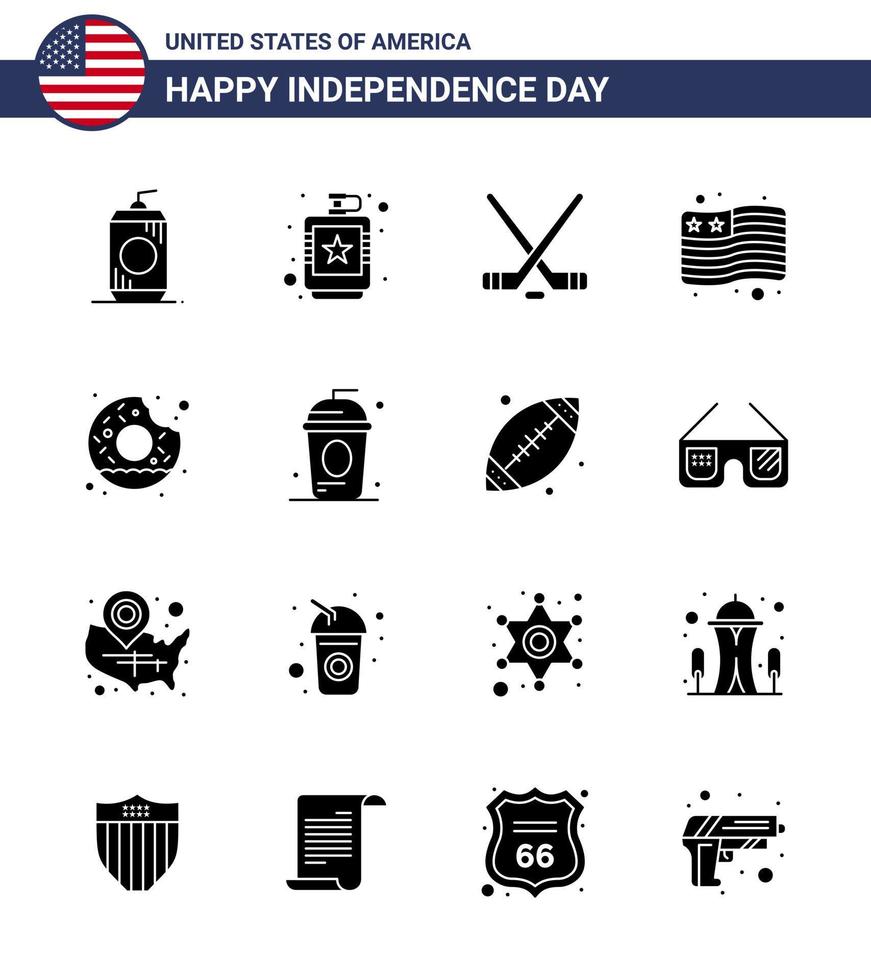 Set of 16 Vector Solid Glyphs on 4th July USA Independence Day such as round usa liquid flag american Editable USA Day Vector Design Elements