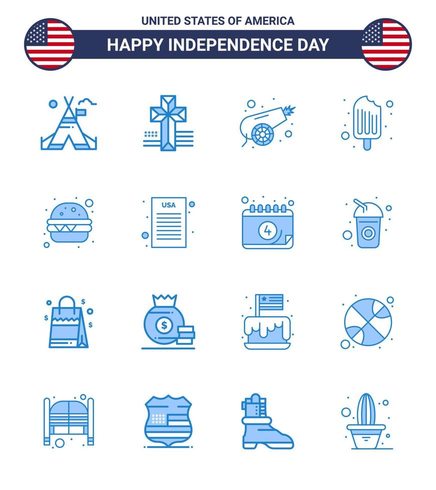Happy Independence Day 16 Blues Icon Pack for Web and Print meal burger canon ice cream cream Editable USA Day Vector Design Elements