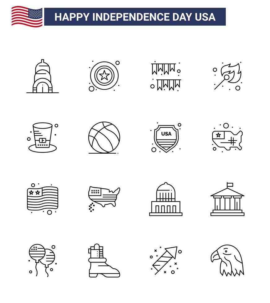 Set of 16 Vector Lines on 4th July USA Independence Day such as hat outdoor garland match camping Editable USA Day Vector Design Elements