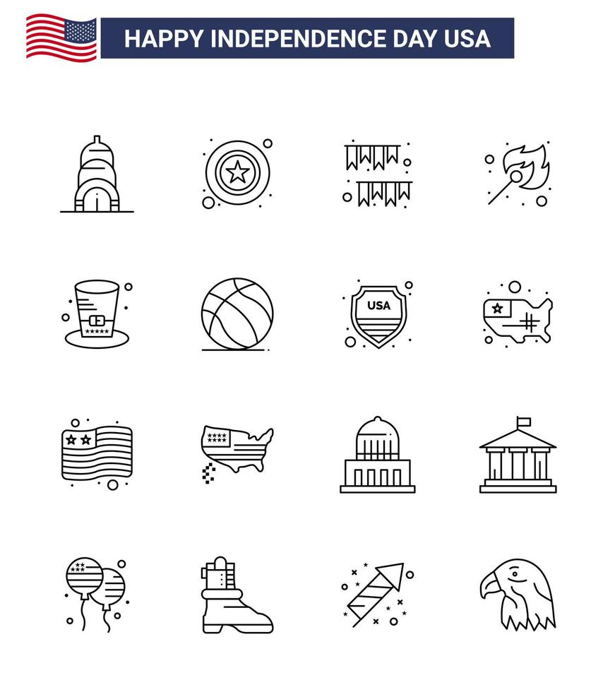 conjunto de 16 líneas vectoriales el 4 de julio, día de la independencia de estados unidos, como un sombrero al aire libre, partido de guirnalda, elementos de diseño vectorial editables del día de estados unidos para acampar vector