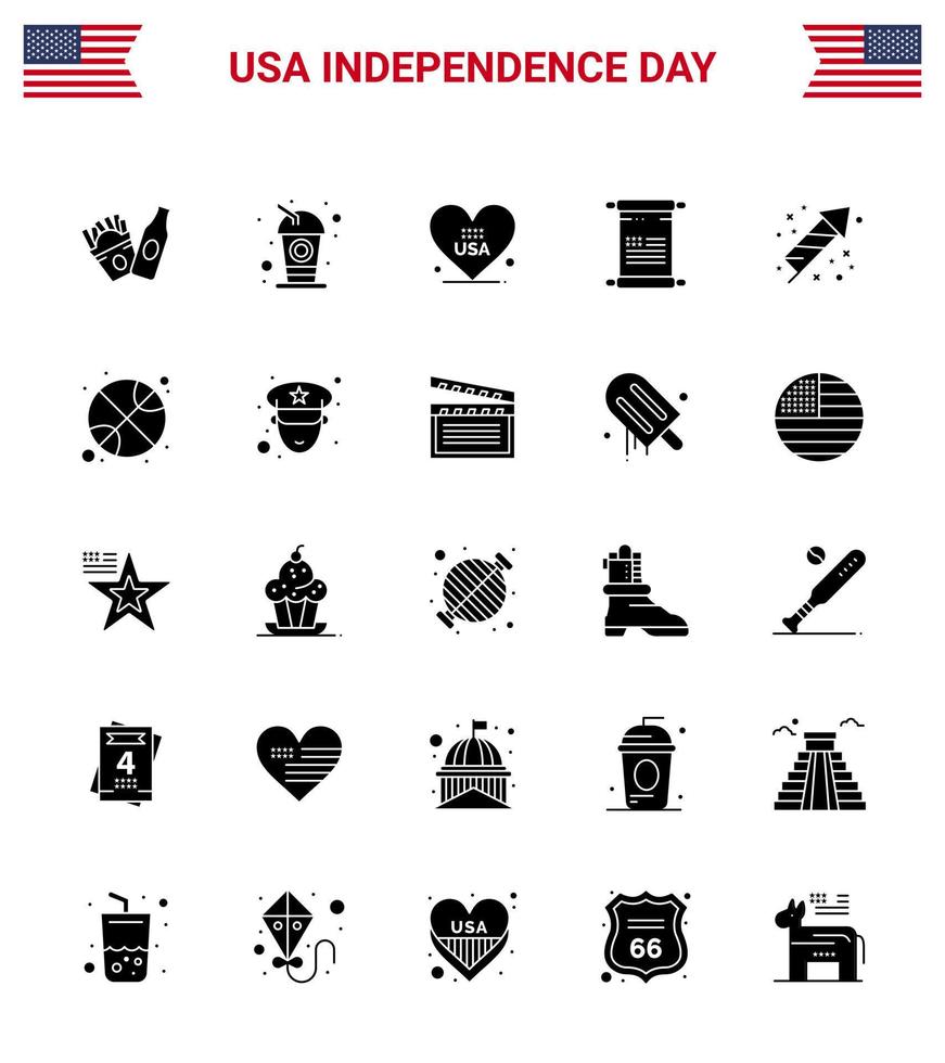 Happy Independence Day USA Pack of 25 Creative Solid Glyph of fireworks celebration love usa text Editable USA Day Vector Design Elements