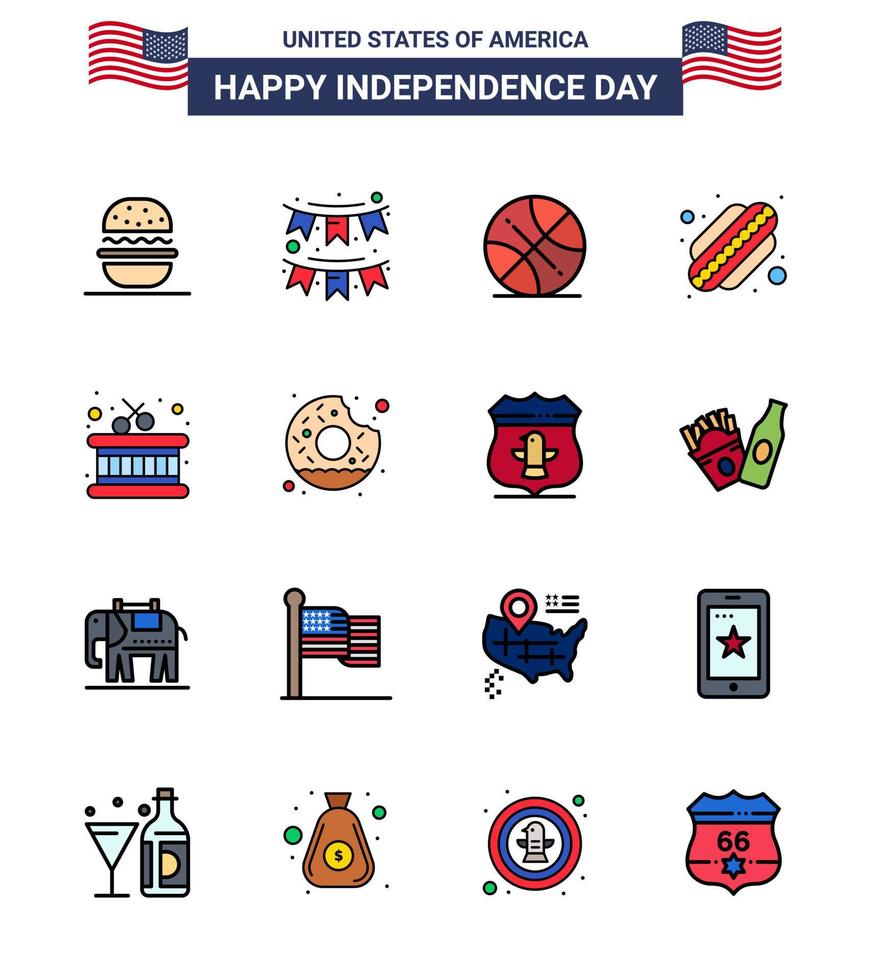 feliz paquete del día de la independencia de 16 líneas planas llenas de signos y símbolos para los estados del instrumento garland hotdog usa elementos de diseño vectorial editables del día de usa vector