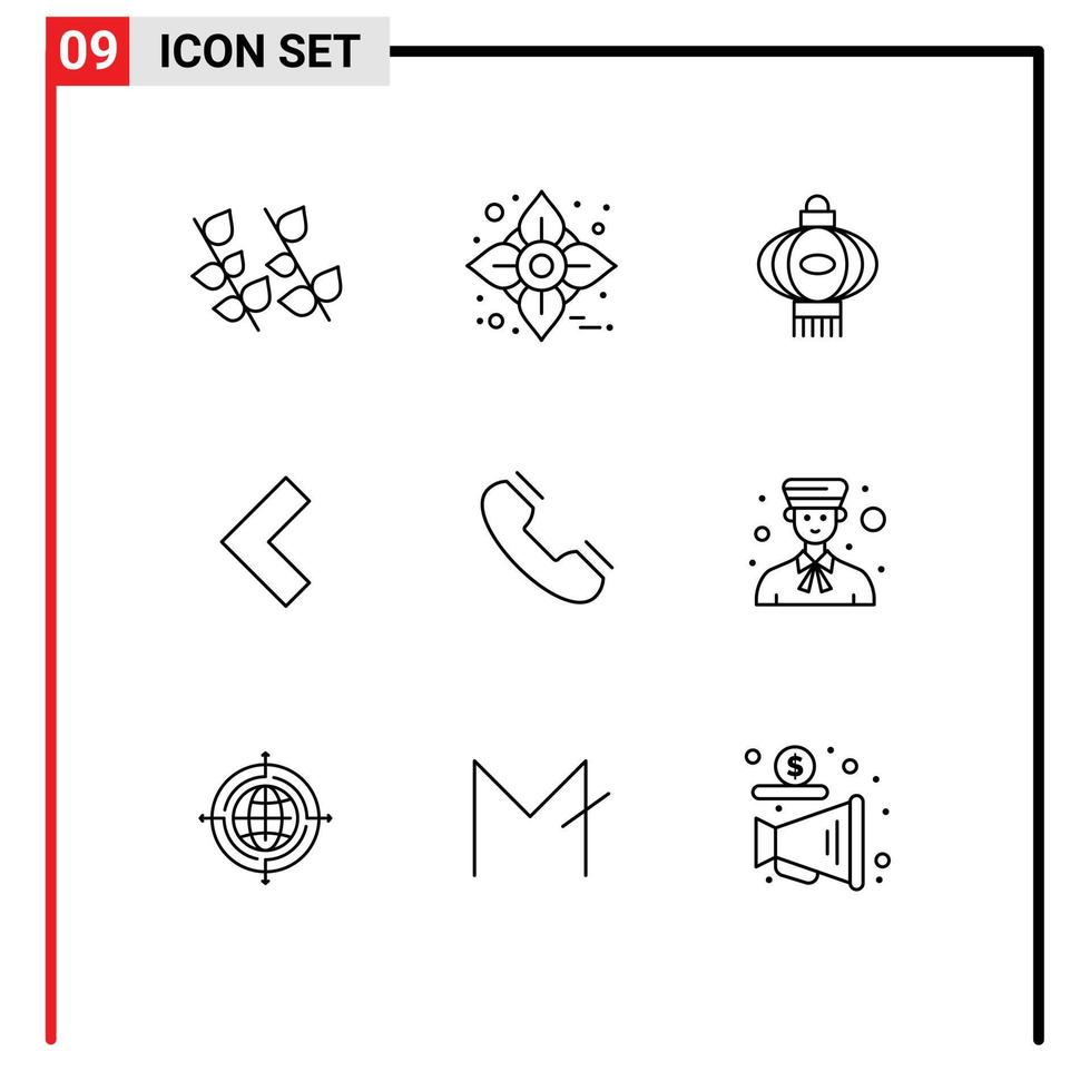 Group of 9 Outlines Signs and Symbols for phone call lantern left arrow Editable Vector Design Elements