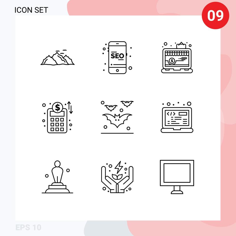 Modern Set of 9 Outlines Pictograph of bats business planning online business network laptop Editable Vector Design Elements