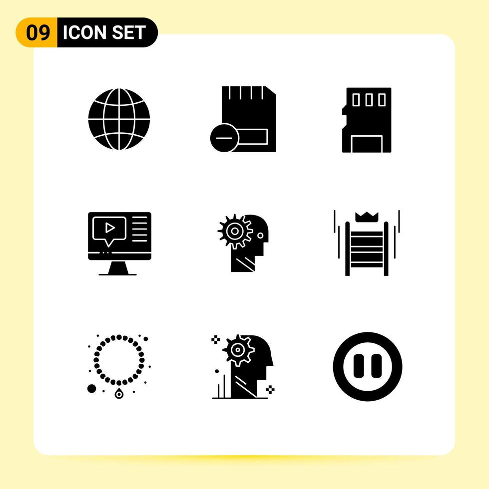 Group of 9 Modern Solid Glyphs Set for education play hardware computer memory card Editable Vector Design Elements