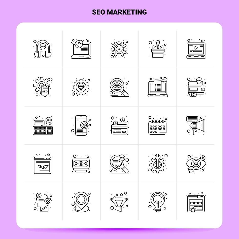 esquema 25 conjunto de iconos de marketing seo. conjunto de iconos negros de diseño de estilo de línea vectorial. paquete de pictogramas lineales. ilustración vectorial de diseño de ideas de negocios web y móviles. vector