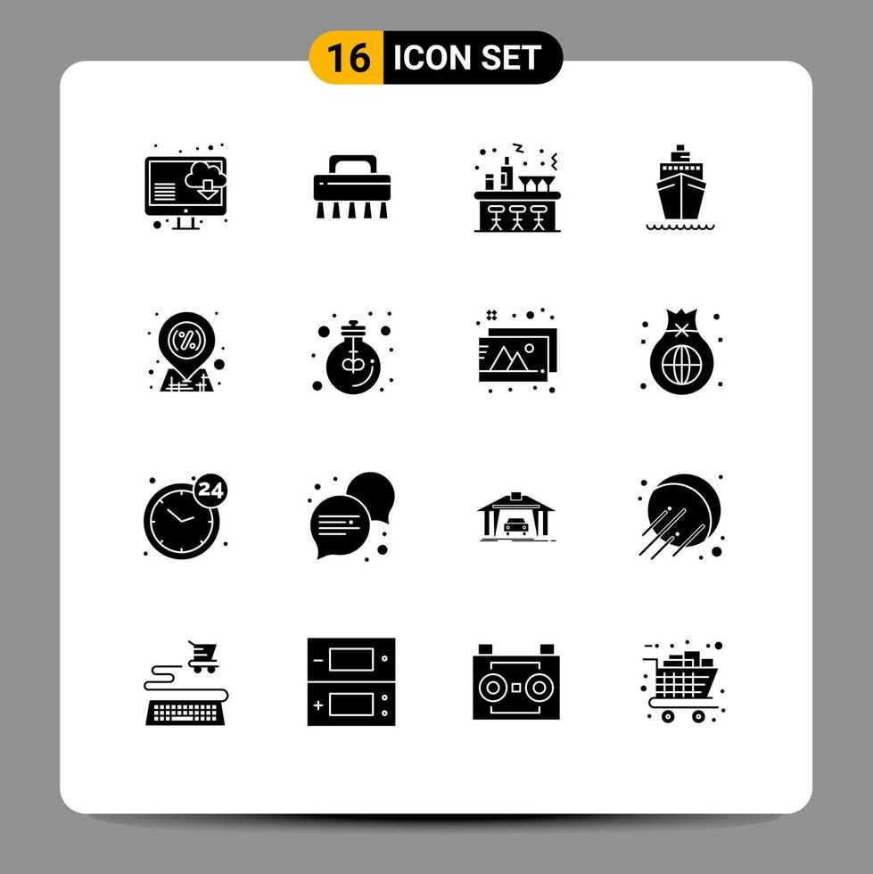 Set of 16 Commercial Solid Glyphs pack for sale location night discount transport Editable Vector Design Elements