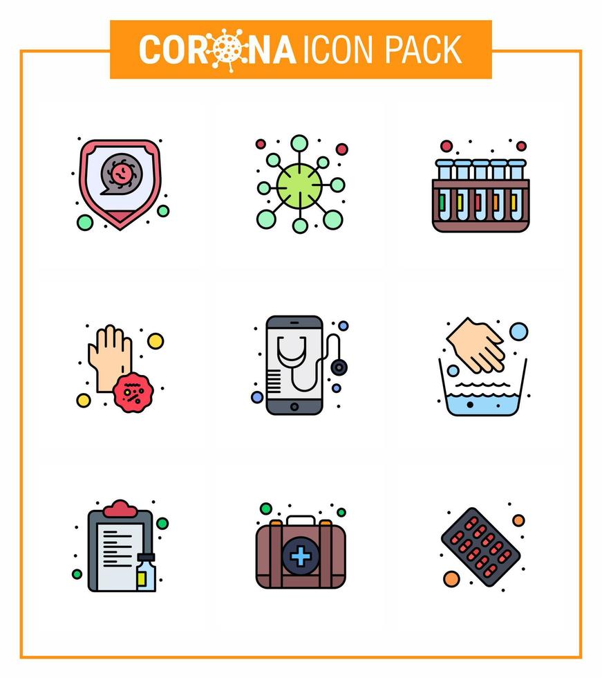 iconos de conciencia de coronavirus 9 línea rellena icono de color plano virus corona relacionado con la gripe, como manos sucias virus covid lab coronavirus viral 2019nov enfermedad vector elementos de diseño