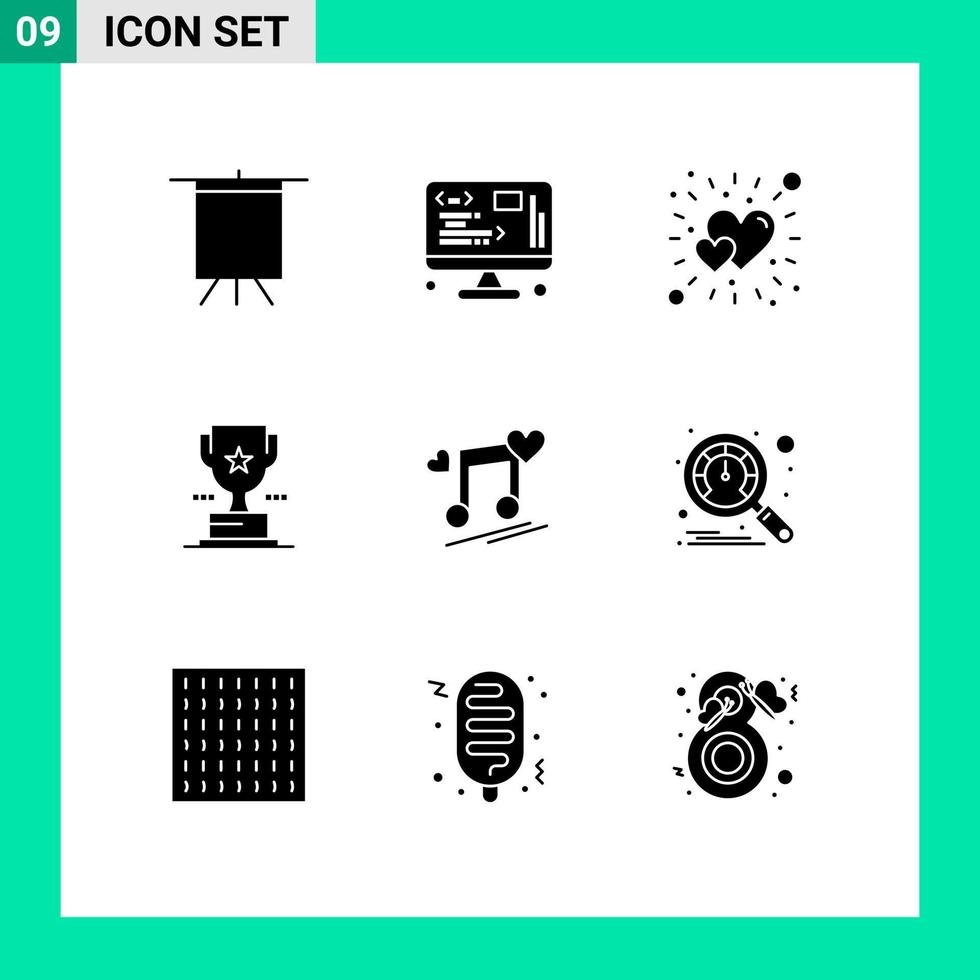 Set of 9 Modern UI Icons Symbols Signs for lyrics music node brightness achievement trophy Editable Vector Design Elements