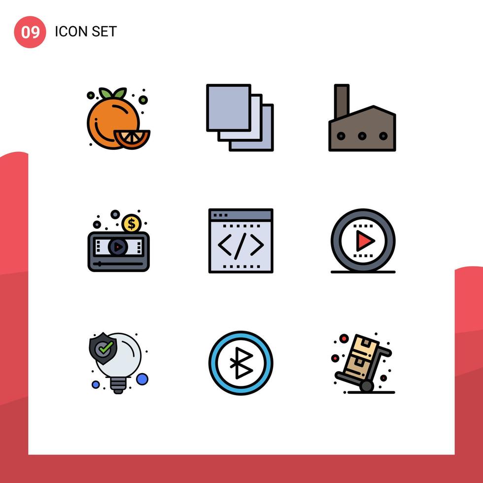 Editable Vector Line Pack of 9 Simple Filledline Flat Colors of video media player factory media nuclear plant Editable Vector Design Elements