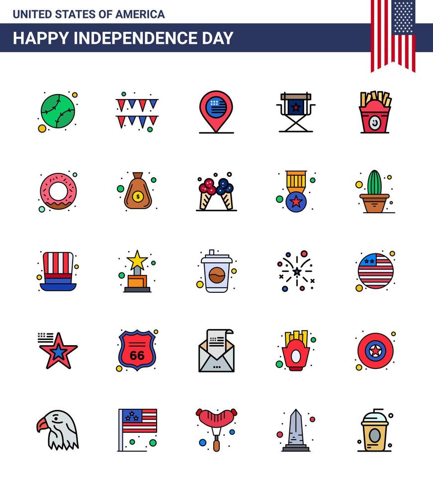 Happy Independence Day Pack of 25 Flat Filled Lines Signs and Symbols for fastfood television location star director Editable USA Day Vector Design Elements